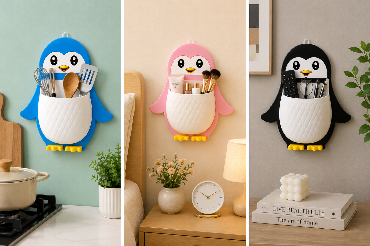 Cute Penguin Wall Organizer Holder (Set of 3 Colours)