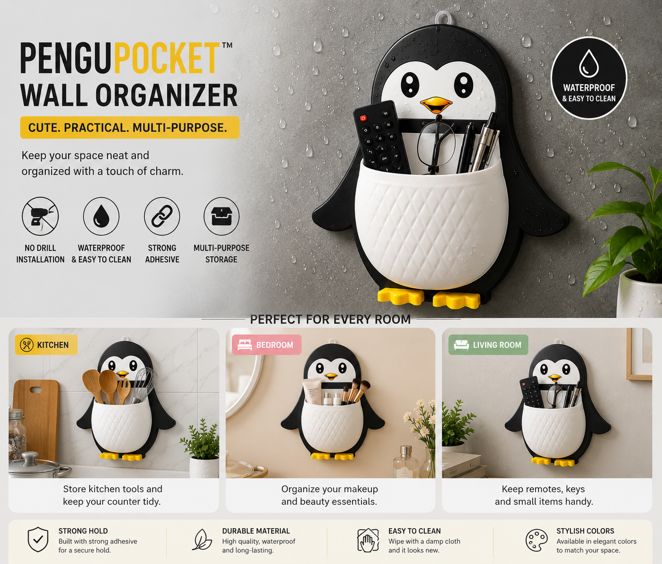 Cute Penguin Wall Organizer Holder (Set of 3 Colours)